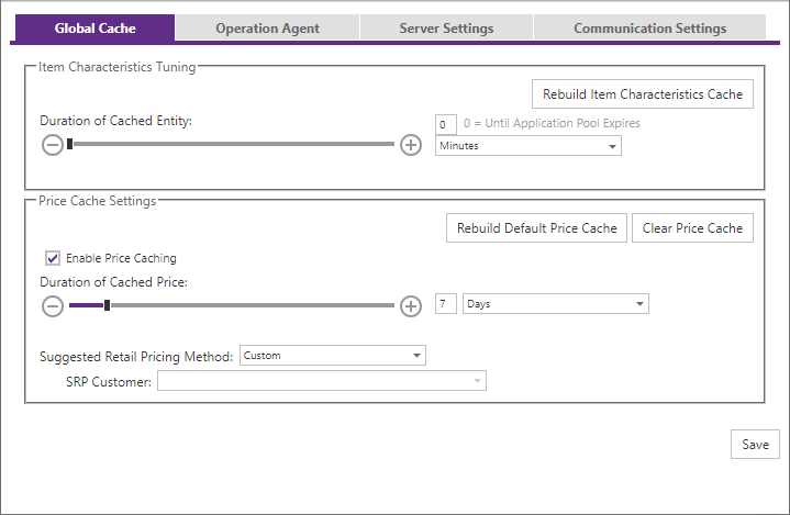Application Settings Global Cache tab.