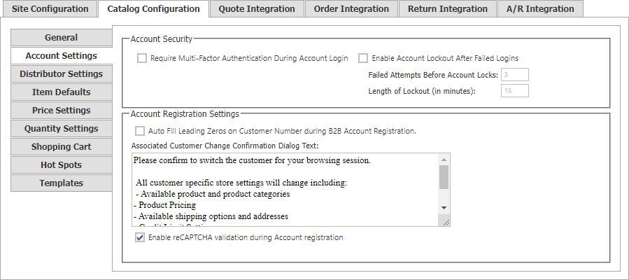 Catalog Configuration Account Settings tab with MFA and account-lockout controls.