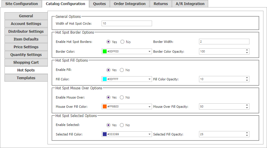 Catalog Configuration Hot Spots tab.
