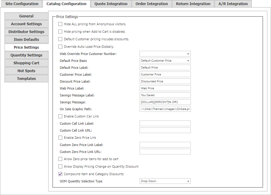 Catalog Configuration Price Settings tab.