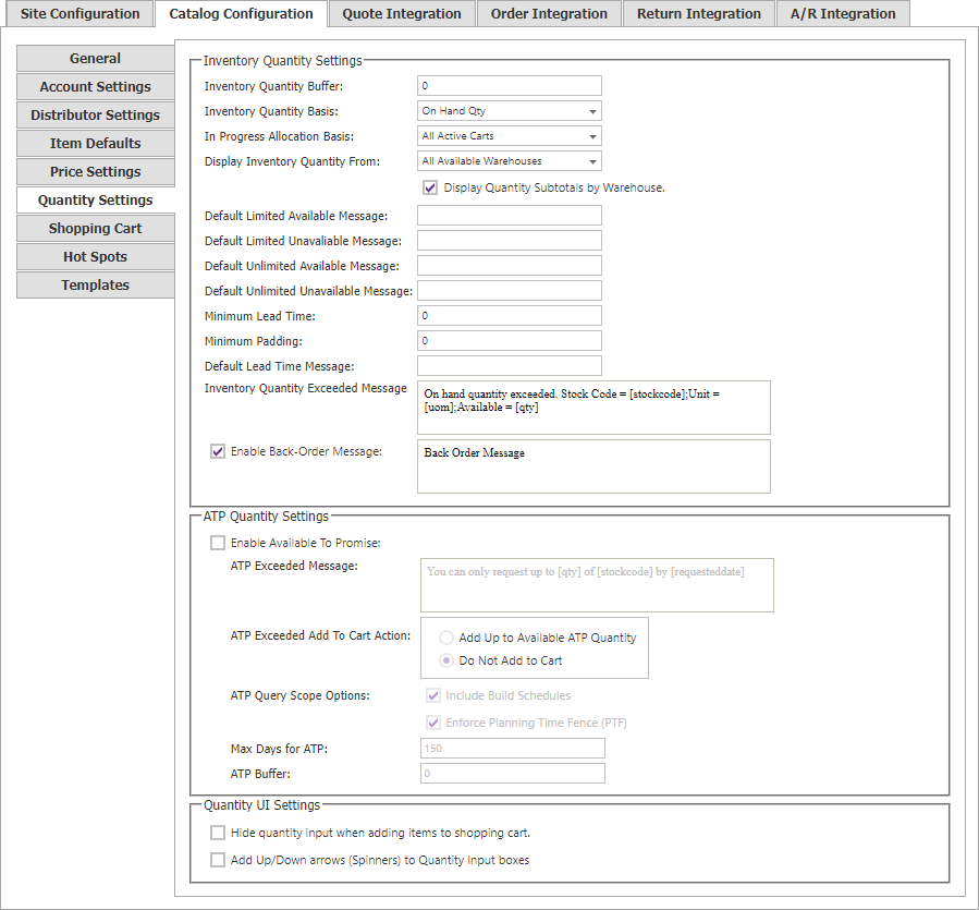 Catalog Configuration Quantity Settings tab.