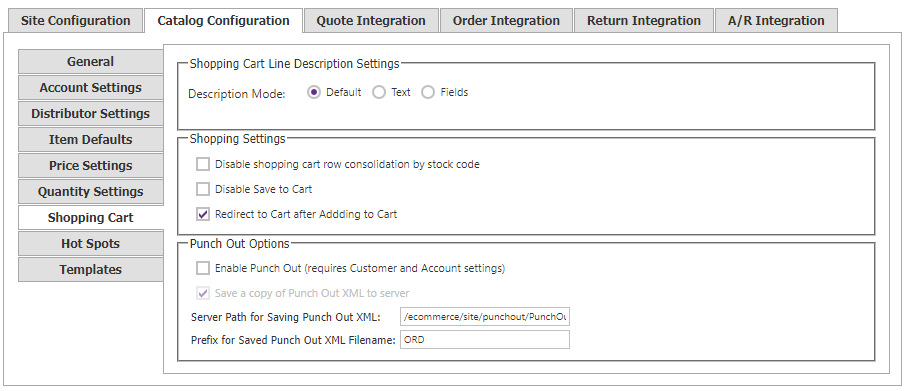 Catalog Configuration Shopping Cart tab.