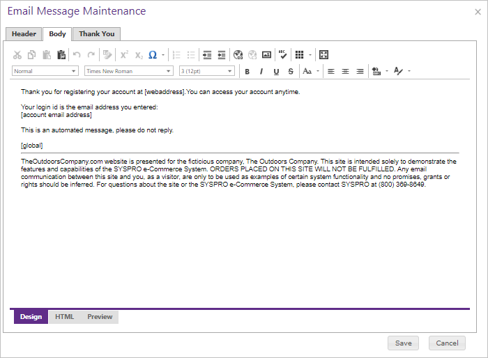 Email Message Maintenance Body tab.