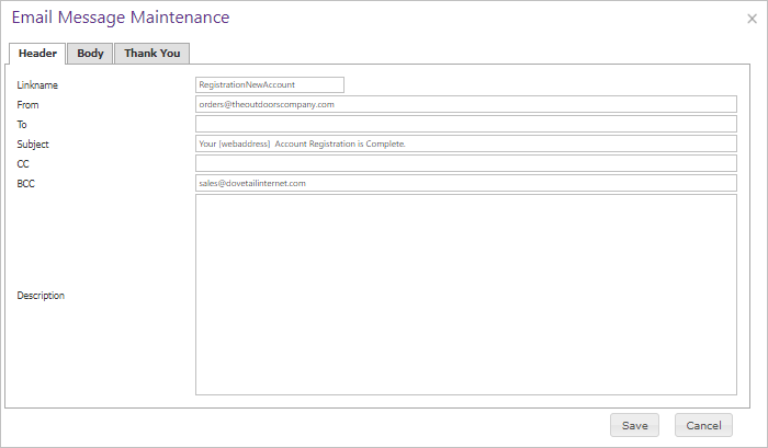 Email Message Maintenance Header tab.