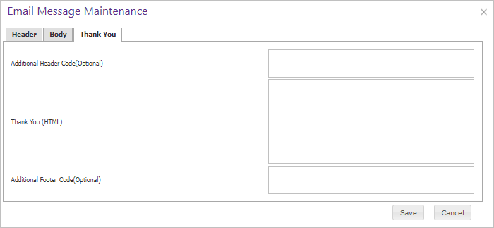 Email Message Maintenance Thank You tab.