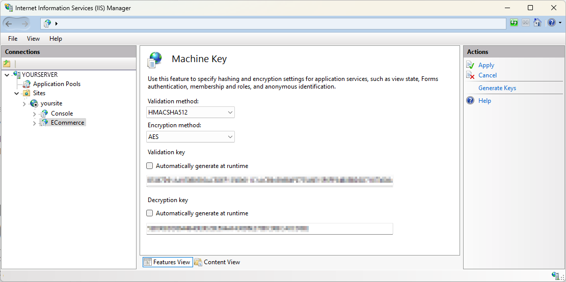 Machine Key Settings