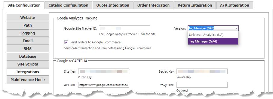 Google Analytics GA4 settings on the Site Configuration Integrations tab