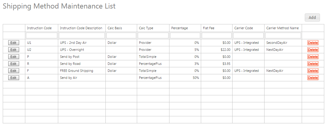 Shipping Provider Maintenance list