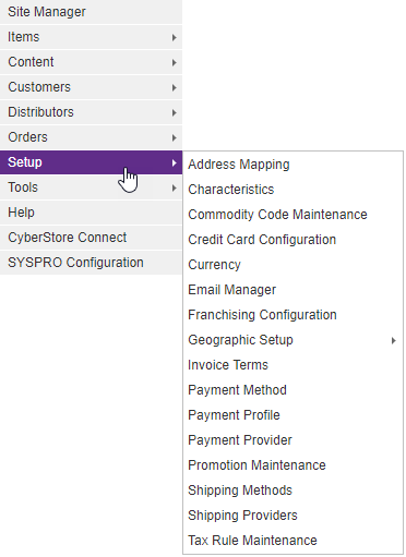 Setup menu with Shipping Providers selected