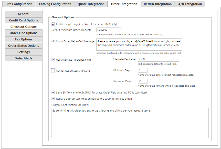 Order Integration Checkout Options tab.