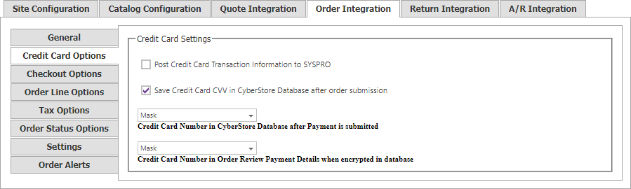 Order Integration Credit Card Options tab.