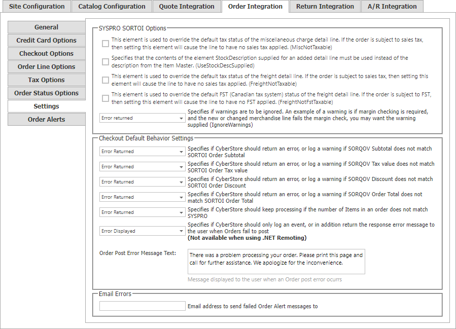 Order Integration Settings tab.