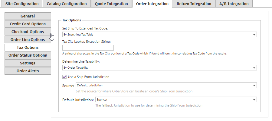 Order Integration Tax Options tab.
