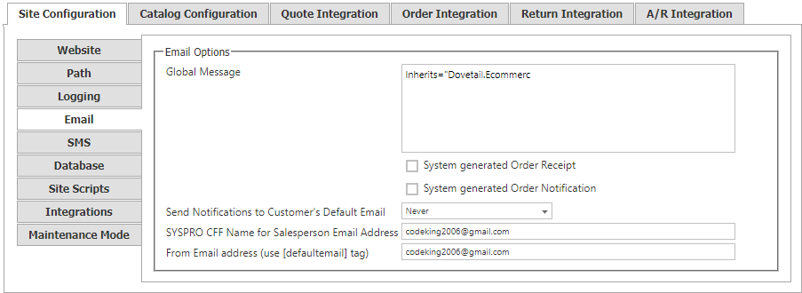 Site Configuration Email tab.