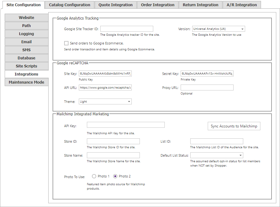 Site Configuration Integrations tab.