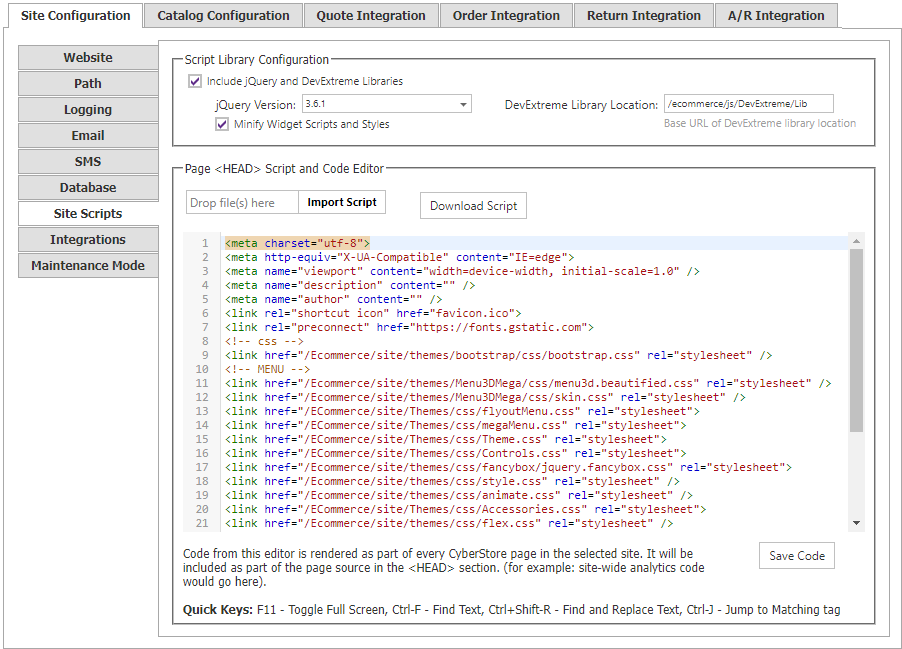 Site Configuration Site Scripts tab.