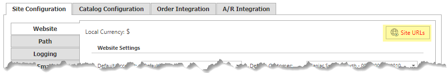 Site URLs button when the selected site has no URLs configured.