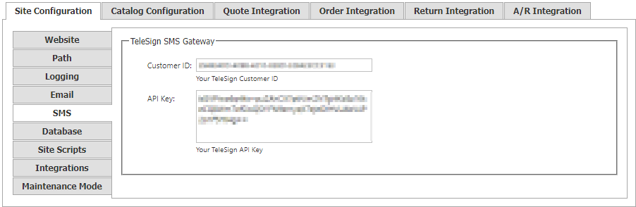 Site Configuration SMS tab.