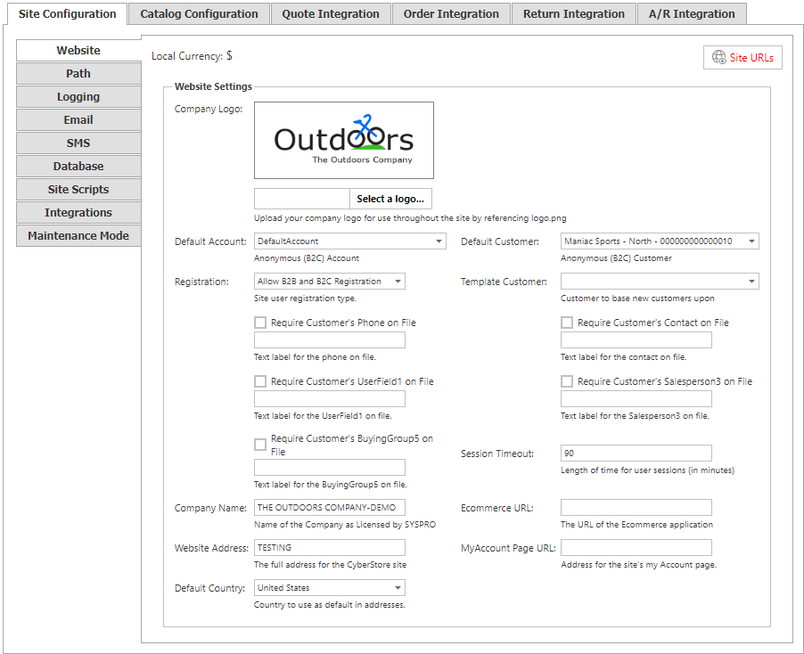 Site Configuration Website tab.