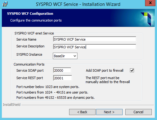 SYSPRO WCF Service installation wizard showing the SOAP and REST communication-port fields.