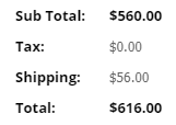 Checkout order totals showing subtotal, discount, tax, shipping, and order total.