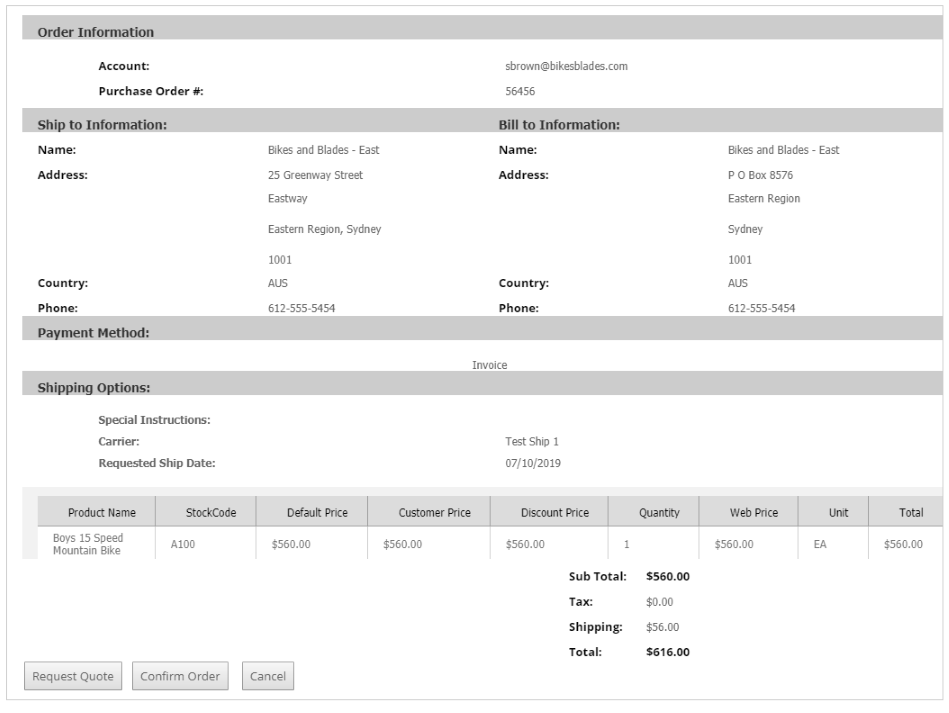Checkout order display showing shipping, billing, payment, item, and total information.
