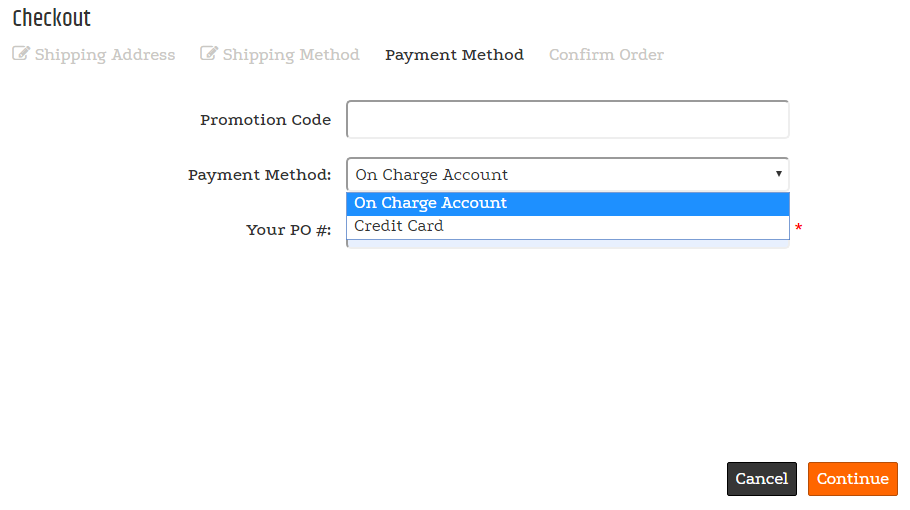 Checkout payment methods showing available payment choices and a promotion-code field.