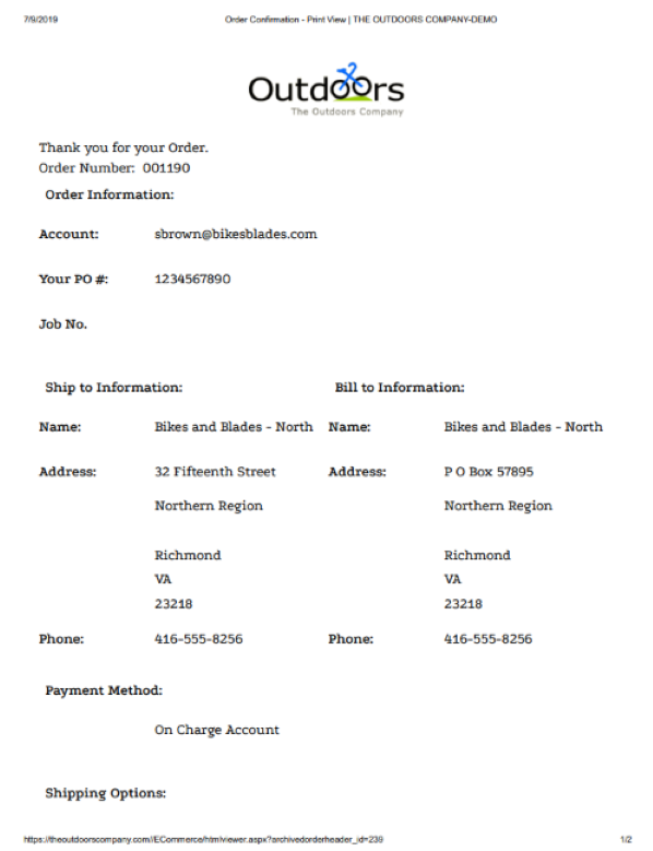 Printable checkout order confirmation showing the order summary.