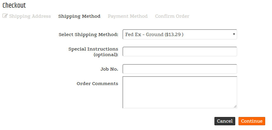 Checkout shipping options showing a shipping-method selection and special-instructions field.