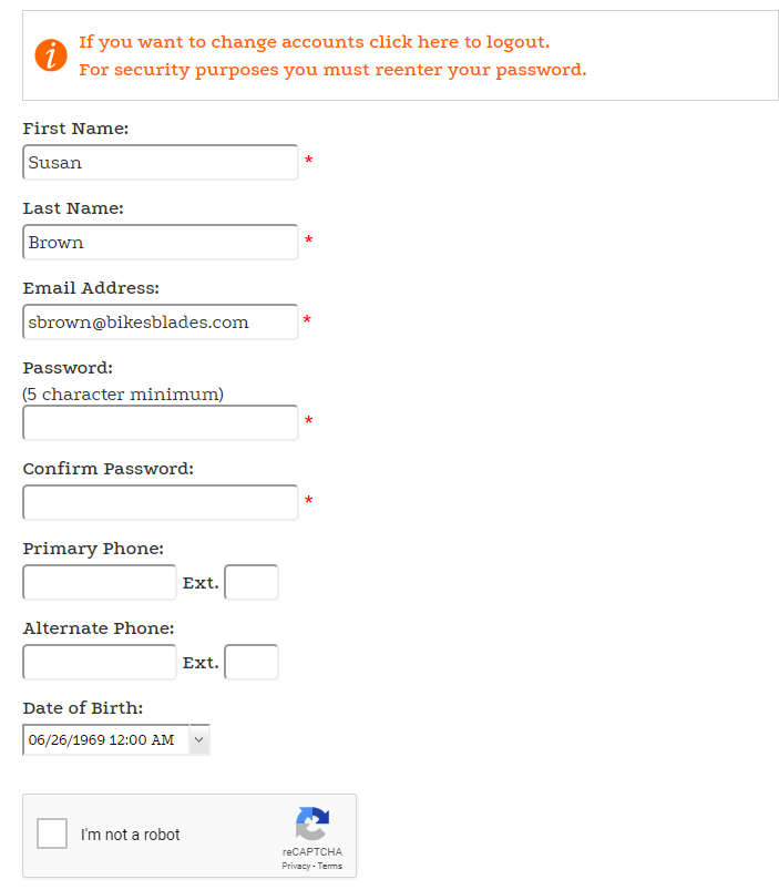 CustomerAccountControl account form