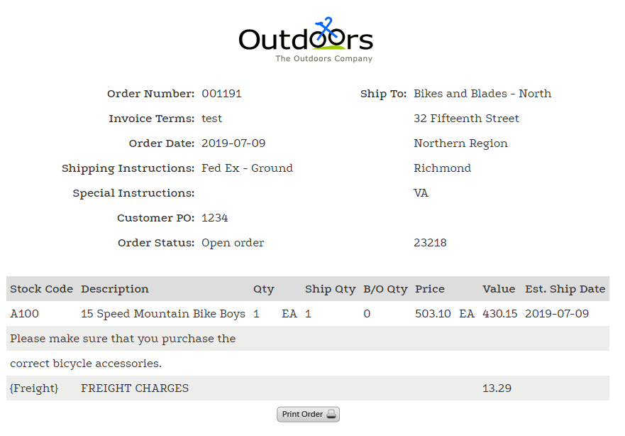 CustomerOrderDisplay order details