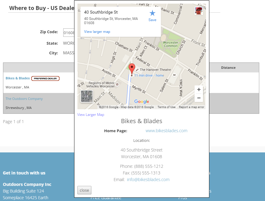 Distributor detail with location map.