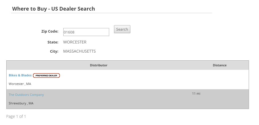 Distributor search results sorted by distance.