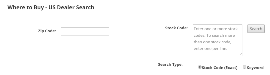Distributor search with ZIP code and stock-code inputs.