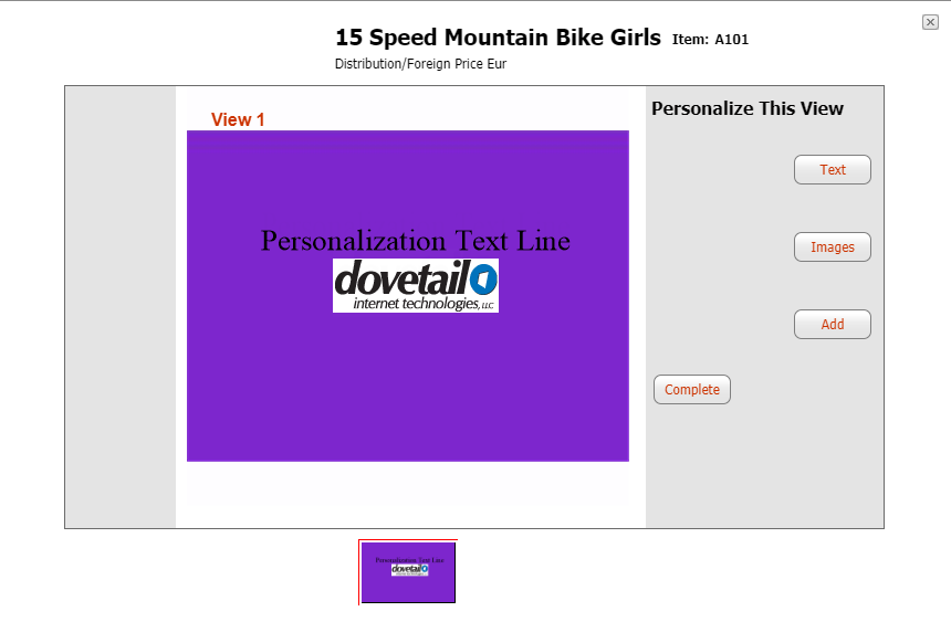 Item personalization view with text and image options.