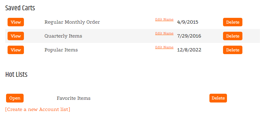 Saved carts and item lists.