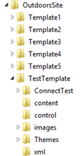 OutdoorsSite TestTemplate folder expanded to show the ConnectTest folder.