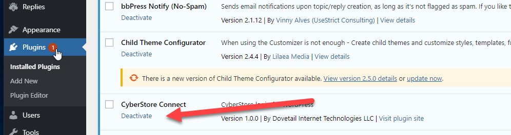 The CyberStore Connect plug-in activated in the WordPress Plugins list.