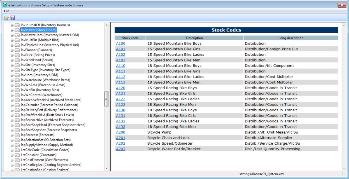 e.net Solutions Browse Setup showing the InvMaster Stock Codes browse