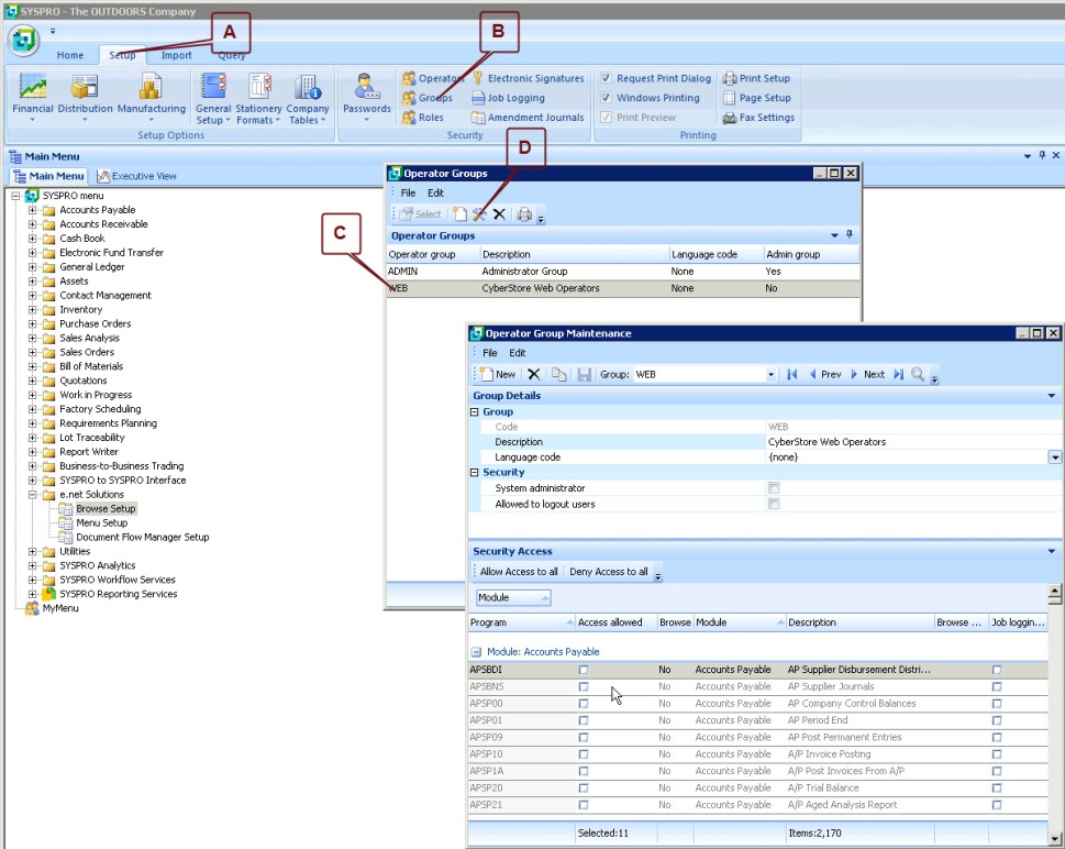 SYSPRO Operator Group Maintenance for the WEB group