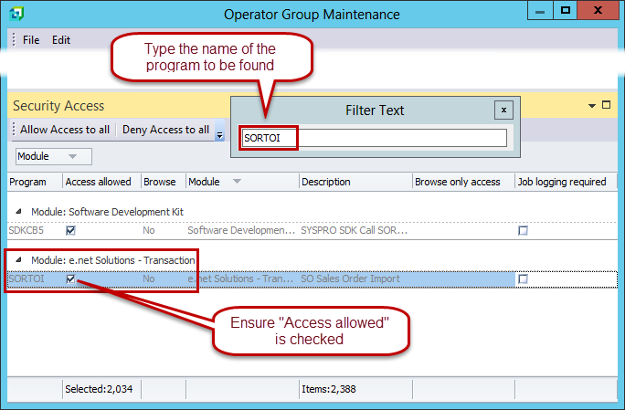 SYSPRO Operator Group Maintenance showing the SORTOI program with Access allowed selected