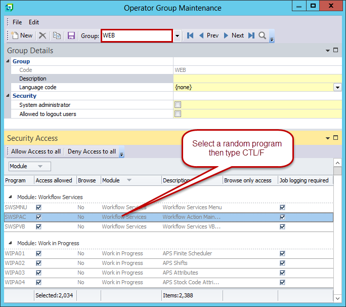 SYSPRO Operator Group Maintenance showing the program search shortcut