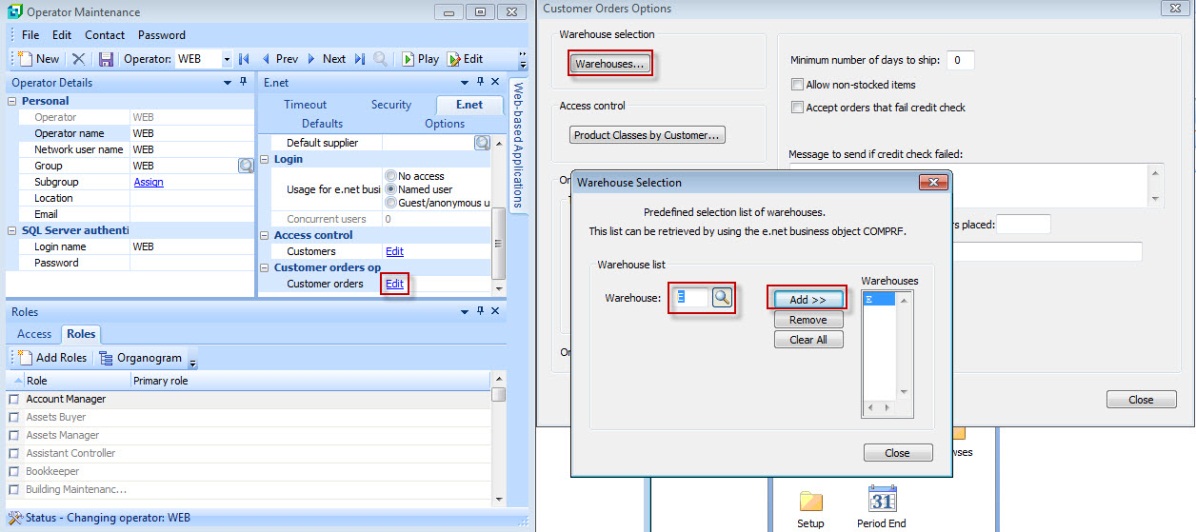 SYSPRO Operator Maintenance showing the Customer Orders warehouse selection