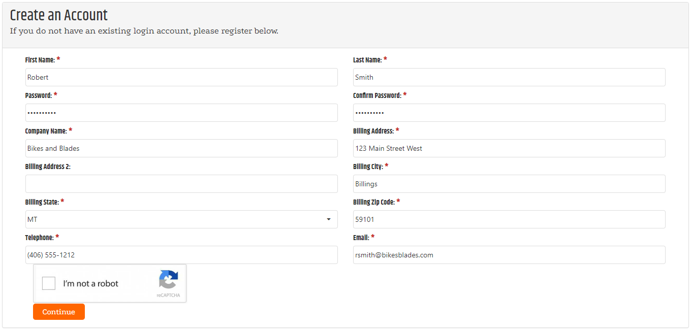 Registration form showing the account, company, address, phone, email, and verification fields.