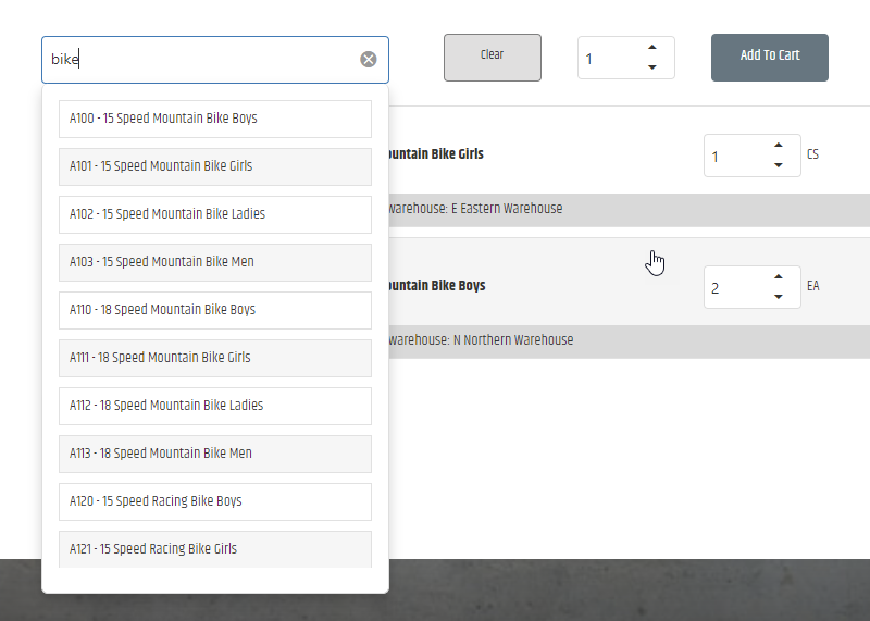 Cart_QuickOrder autocomplete suggestions for a stock-code or item-name search.