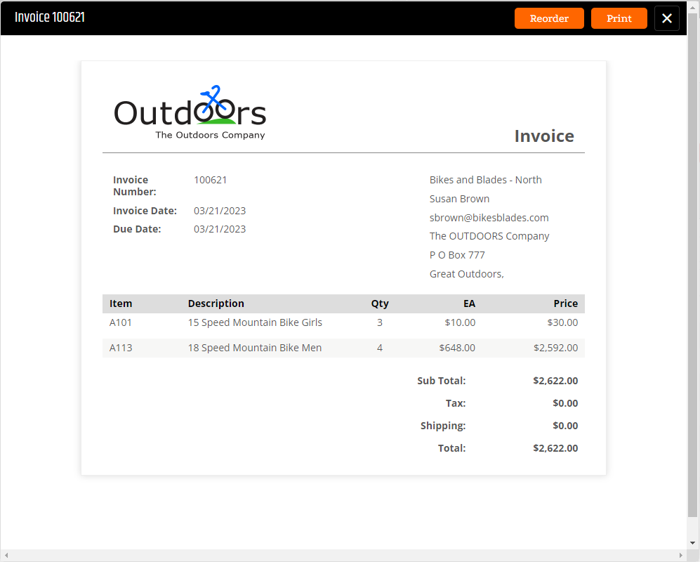 Invoice displayed in the Document Viewer popup with reorder and print actions.