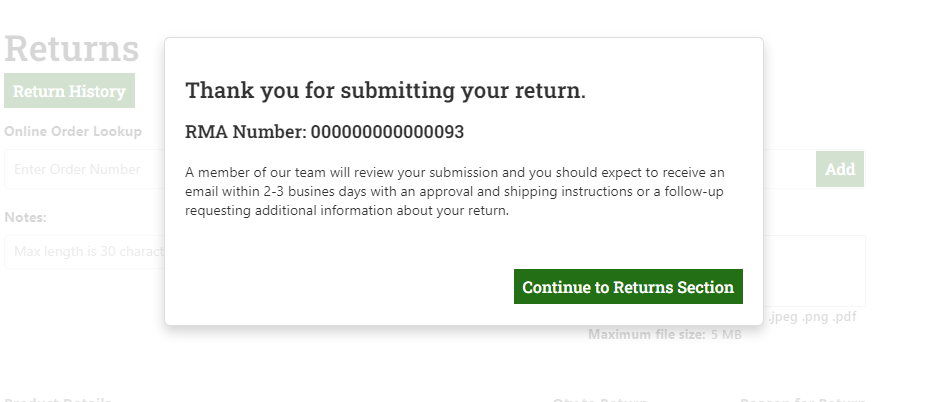 Return submission confirmation popup.
