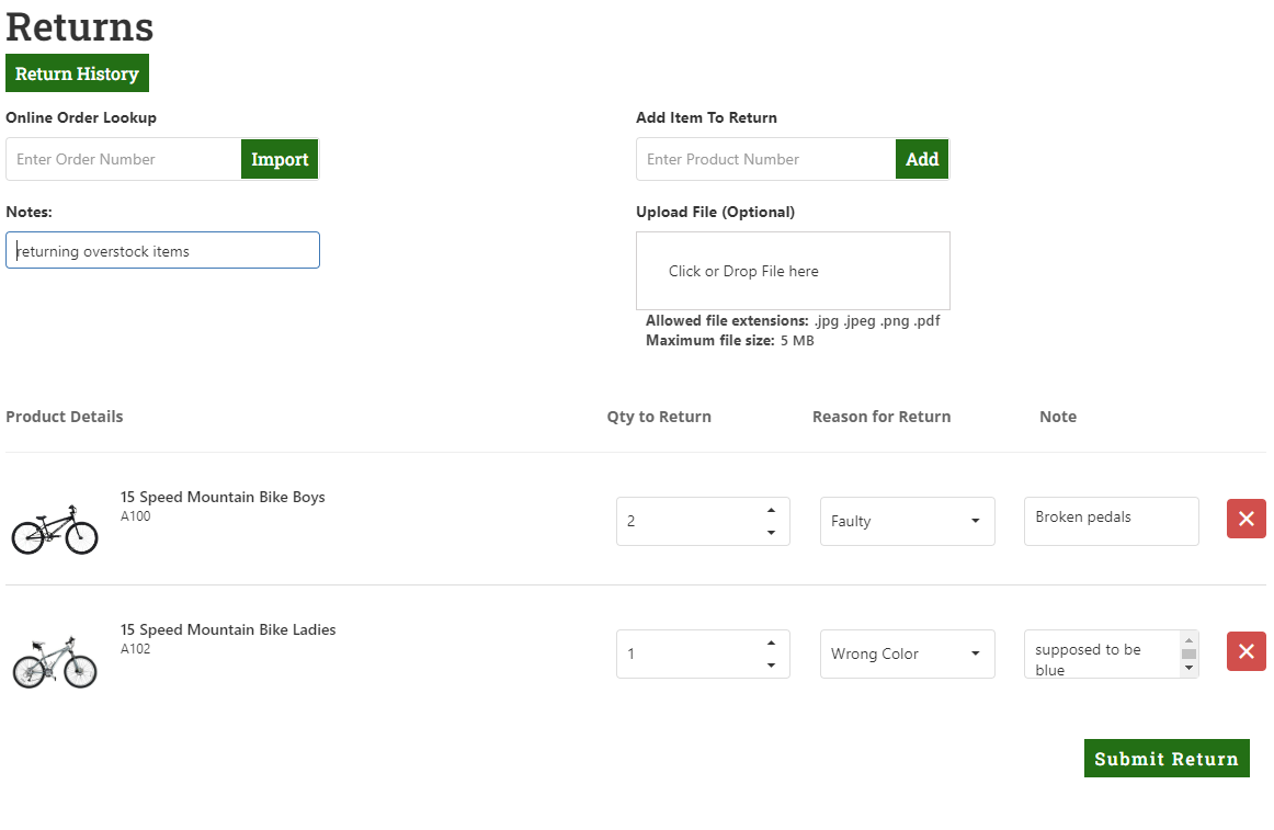 Return request form with order lookup, optional attachment, return quantities, reasons, and notes