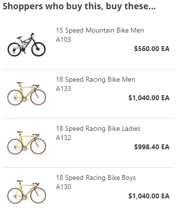 Related-item listing with product photos, stock codes, and prices