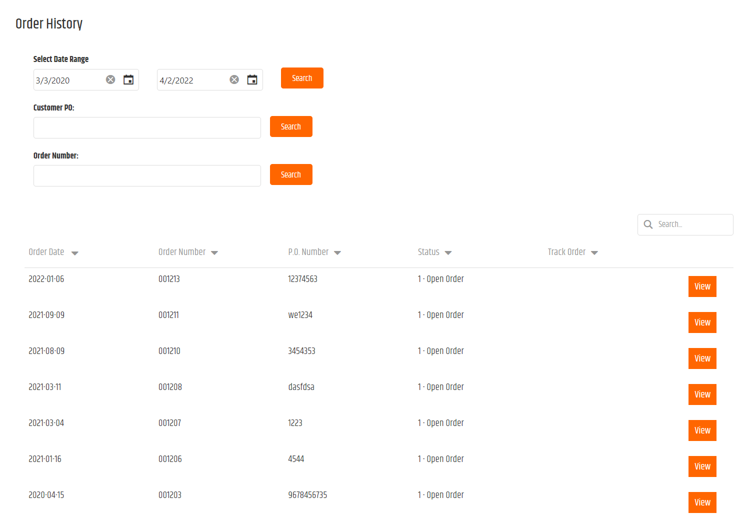 Order History search controls and matching order rows.